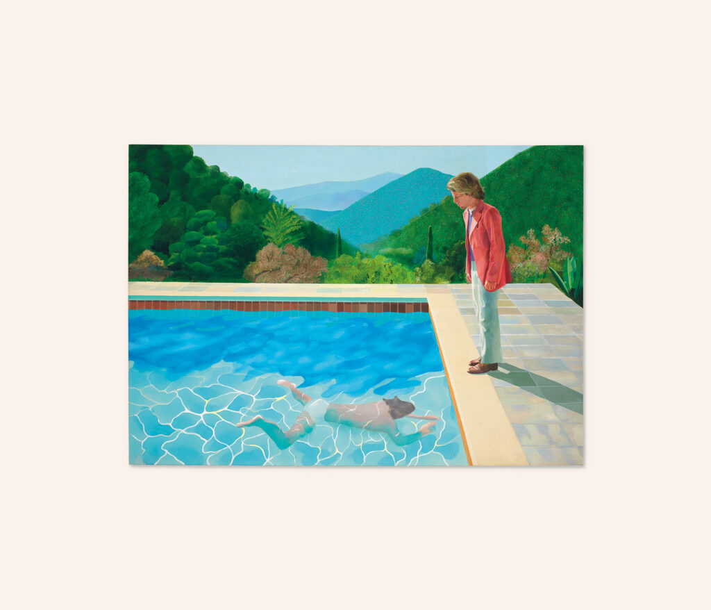 David Hockney's Portrait of an Artist (Pool with Two Figures): a man in a pink jacket looks down at a swimmer in a blue pool, green hills behind